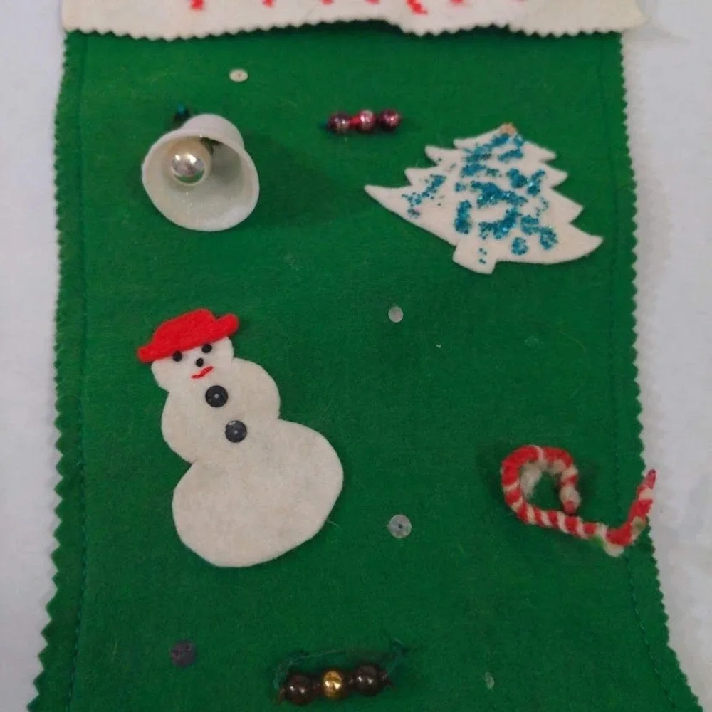 Vintage Handmade Green Felt Christmas Stocking Mark Snowman Star Bell